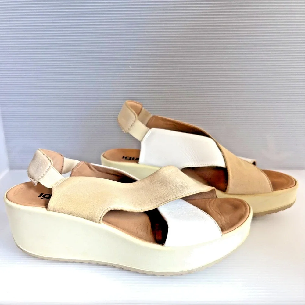 IGI&CO Italy Leather Platform Wedge Sandals White Beige Womens EU 38 US 7-7.5